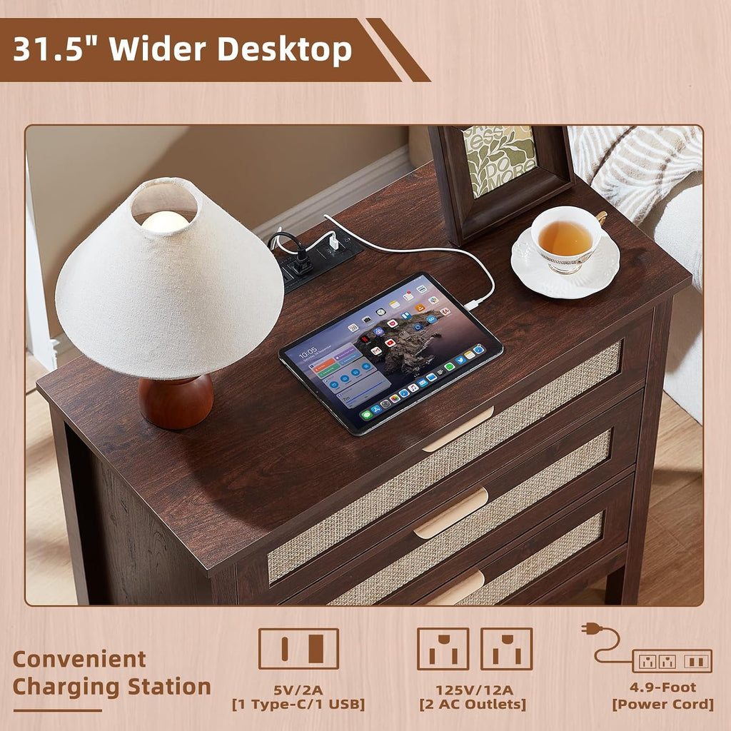 LEYAOYAO 31.5' Wide Rattan Night Stand with Charger Station, Large Boho 3 Drawer Nightstand, Retro Walnut Bedside Table with Storage, 30' Tall Bed Side End Tables for Bedroom, Living Room, Hallway