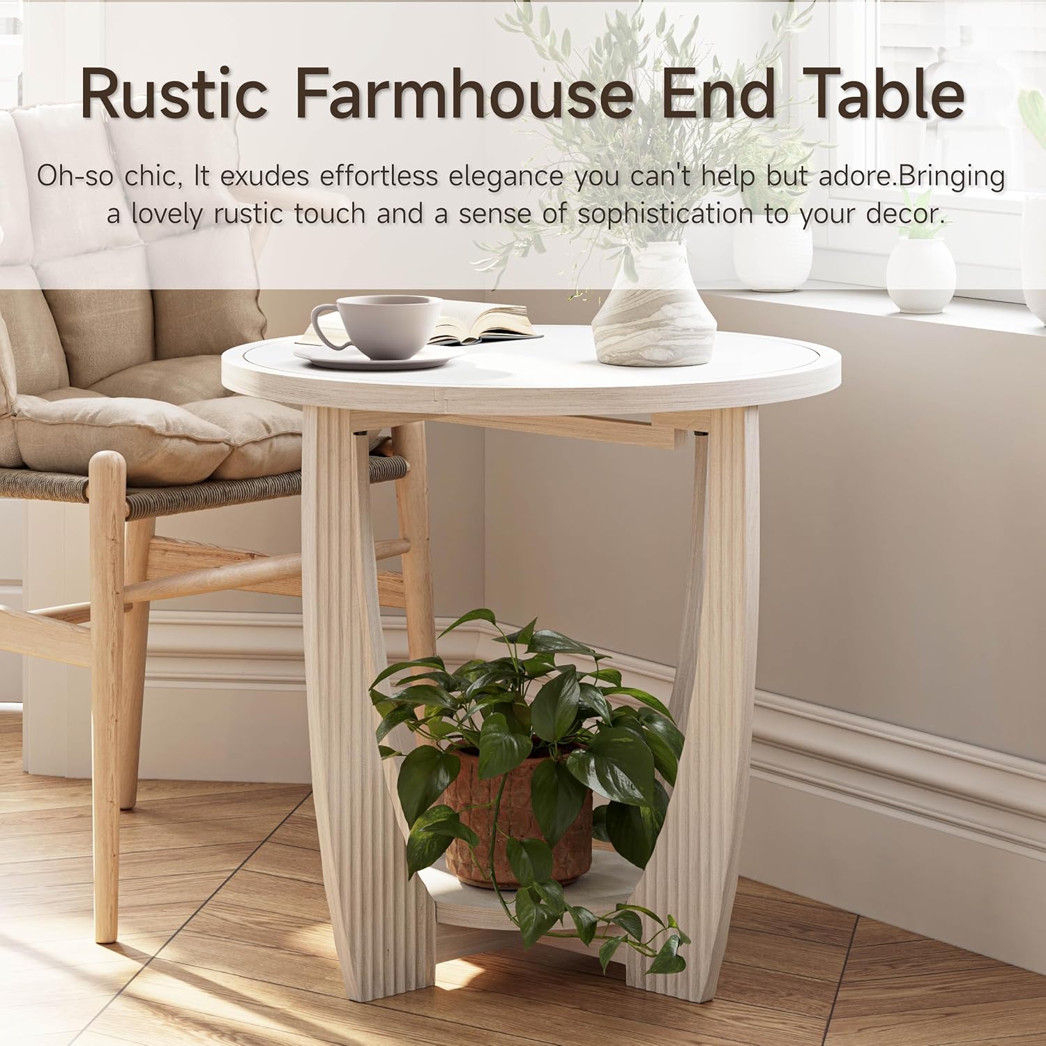 COZAYH Rustic Farmhouse end Table X 2P with Storage Shelf, French Country Accent Side Table for Family, Dinning or Living Room, Small Spaces, Modern, Round, White