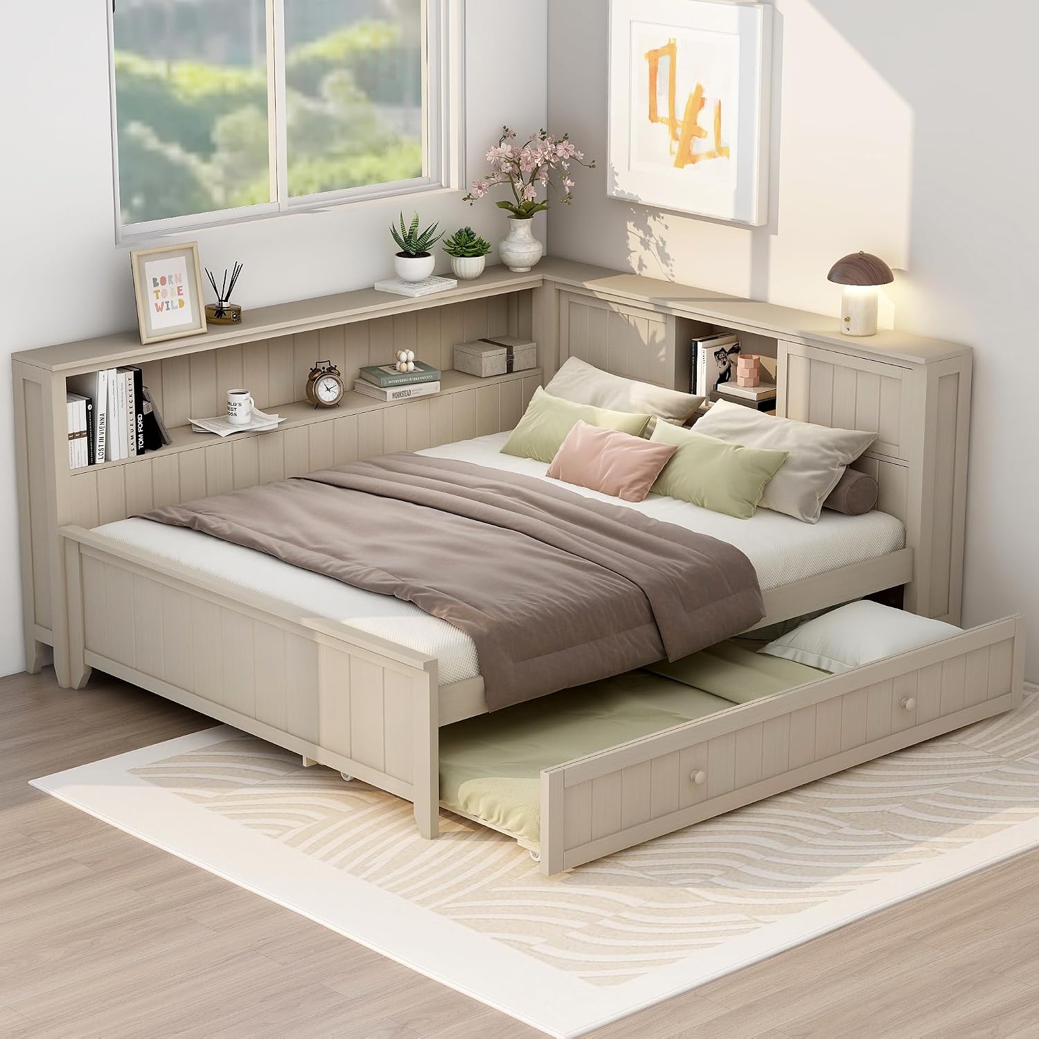 MERITLINE Full Size L-Shaped Daybed with Storage Shelf and Trundle, Wood Corner Bed with Headboard for Bedroom Living Room, Space Saving, Antique White Milk