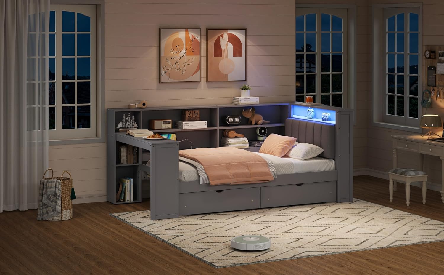Bellemave Twin Corner Bed with Bookcase Storage and LED Lights, Twin Daybed with Upholstered Headboard and Charging Station, Wooden Platform Bed Frame with Desk and 2 Large Drawers, Grey