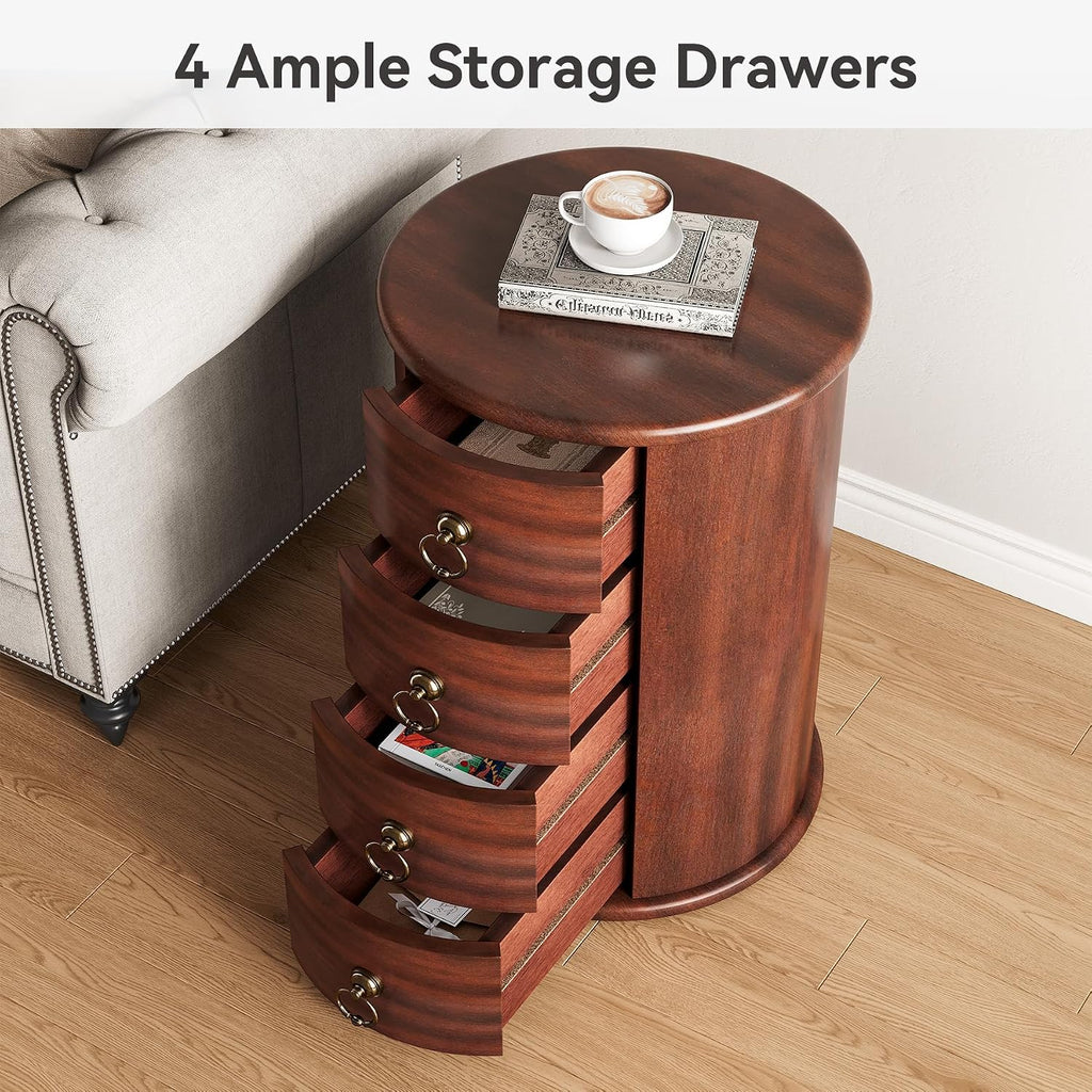 LITTLE TREE Night Stand Set of 2, Small Solid Wood Side Table with 4 Drawers, Mid Century Round End Tables with Storage for Living Room, Bedroom, Small Spaces, Couch, Bedside, No Assembly Required