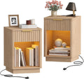 Akxomel Fluted Nightstands Set of 2, Wooden Night Stand with Charging Station and LED Light, Modern Mid Century Bed Side End Table with Drawer, 15' D x 15.7' W x 22.6' H, for Bedroom, Natural Oak