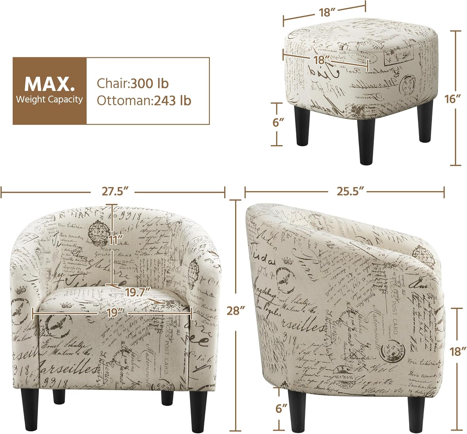 Yaheetech Accent Chair with Foot Rest, Mid Century Modern Upholstered Soft Barrel Chair, Comfy Fabric Armchair and Footrest Set for Living Room/Bedroom/Reading Room, Set of 2 Letter Print