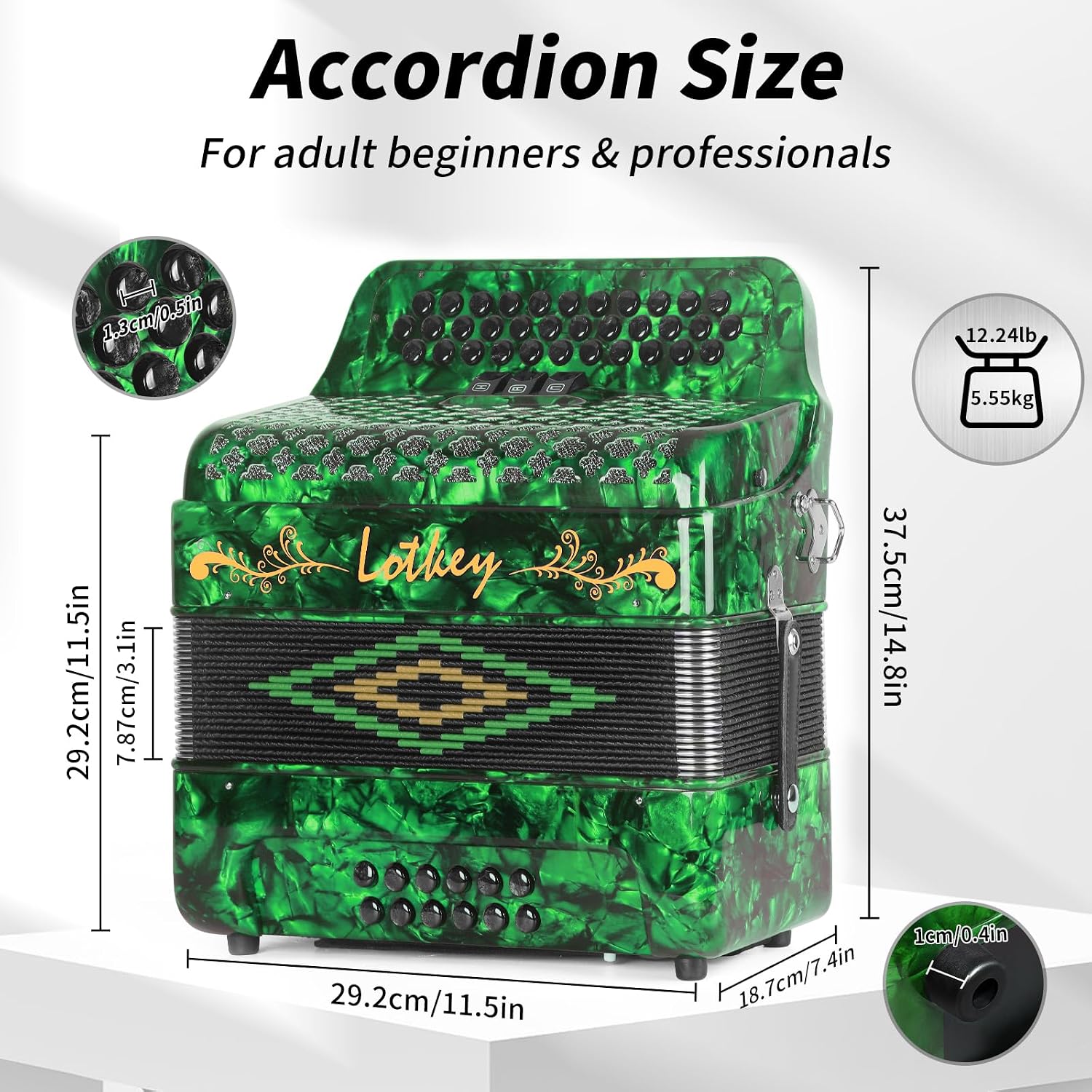 Lotkey 34 Key Diatonic Accordion, 3412 Multi Tone Celluloid Accordions Louder Clearer Timbre than Plastic for Adult, Beginner, Professional with Updated Bag, Straps, Acordeón Wrist Guard (FBE Green)