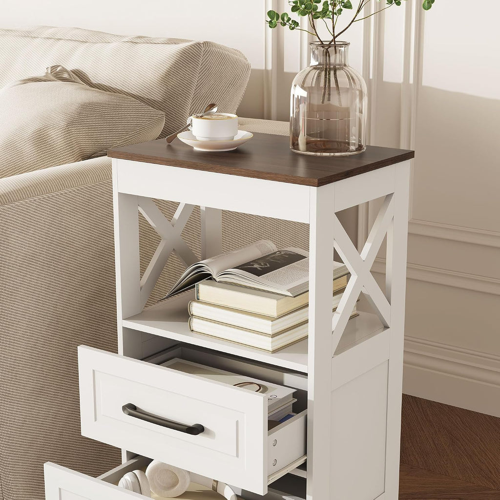 Tall Nightstand Set of 2 Side Table with 2 Drawers Modern Night Stand Wooden Rustic End Table Bedside Table with Below Open Shelf Solid Feet for Bedroom White+Walnut