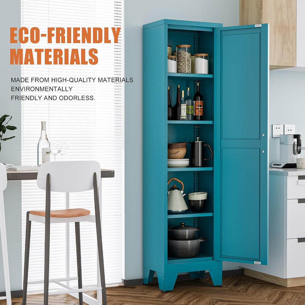 Baborokic Tall Narrow Storage Cabinet,Metal Cabinet with 5 Adjustable Shelves,Narrow Pantry Storage Cabinetwith Single Barn Door, Slim Cabinets for Corner,Bathroom,Kitchen,Entryway 67H Blue