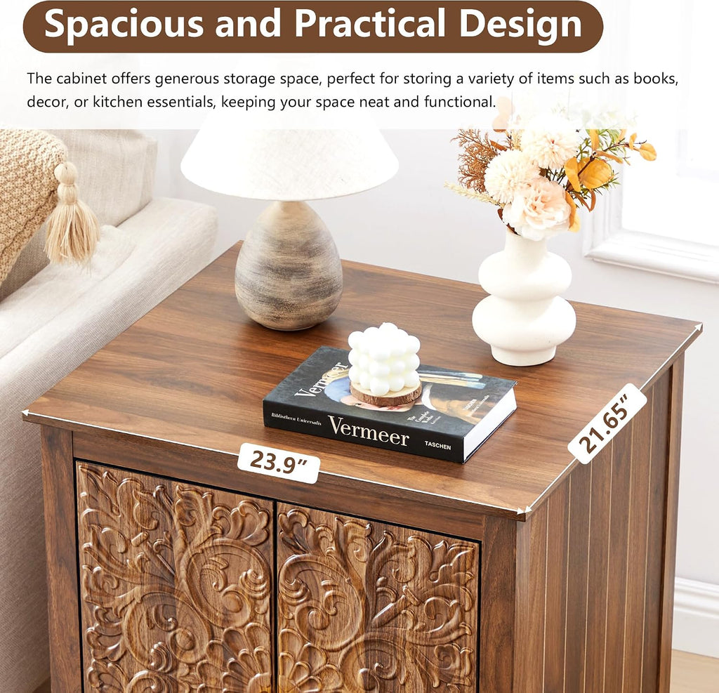weselon Farmhouse End Table with Carved Floral Door, 24' Wide Nightstand with Adjustable Shelf, Wooden Square Sofa Side Table Storage Table for Living Room Bedroom (Walnut)