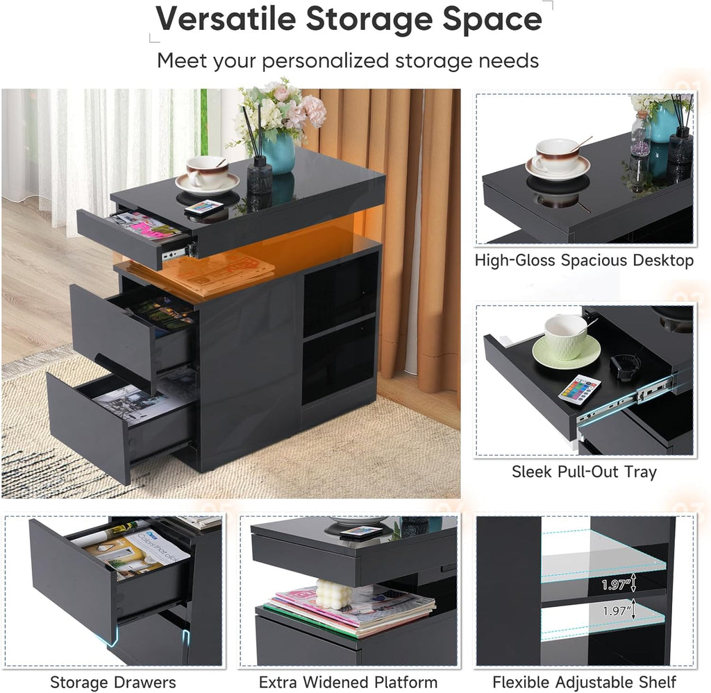Verano Garden High Gloss End Table Set of 2 with Charging Station, Sofa Side Table with Drawer and Adjustable Shelf, Modern Bedside Table Nightstand with LED Light for Living Room, Bedroom, Black