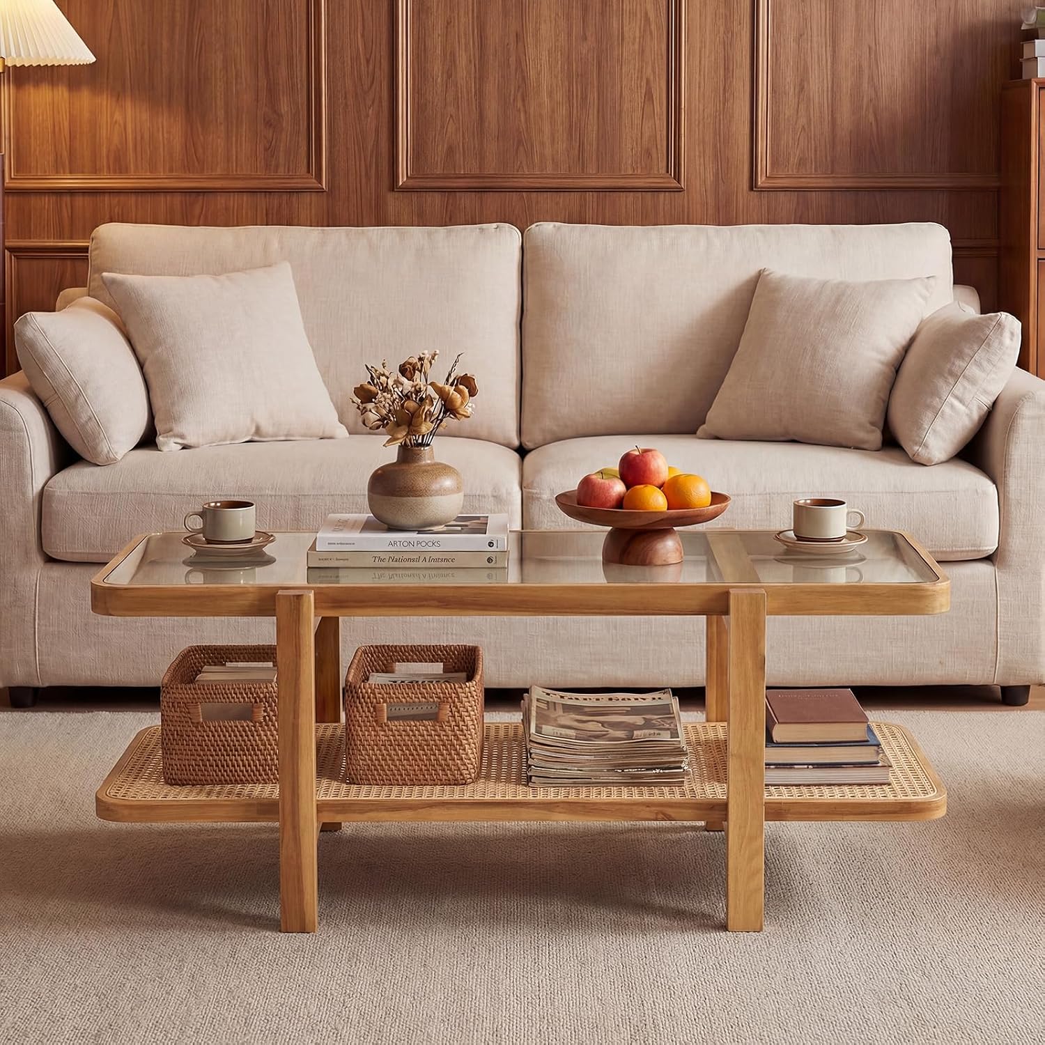 GOFLAME Rattan Coffee Table, 47.5' Solid Wood Center Table with Tempered Glass Top & Rattan Storage Shelf, Rectangular, Farmhouse, Boho, 2-Tier Mid Century Modern Tea Table for Living Room (Oak)