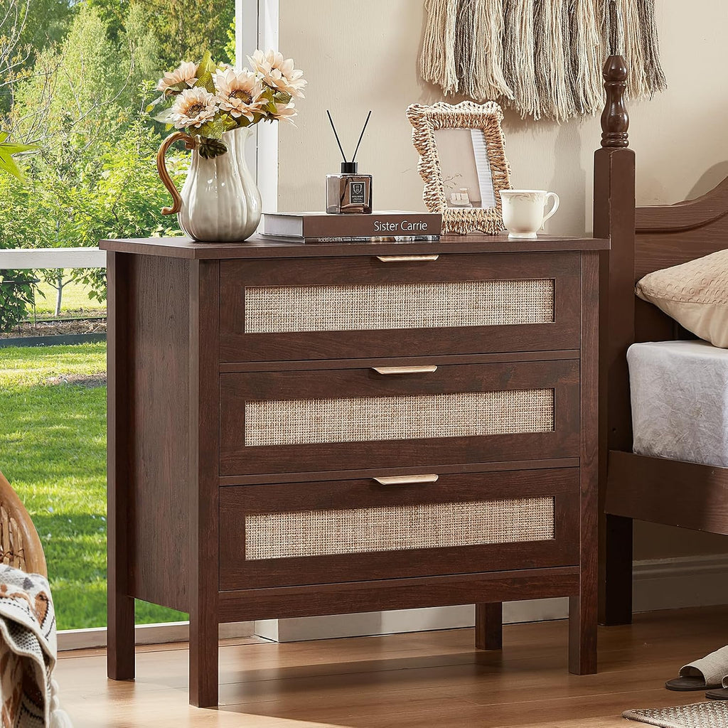 LEYAOYAO 31.5' Wide Rattan Night Stand, Large Boho Nightstand, Bedside Table with Storage, Tall Bed Side End Tables, Chest of Drawers for Bedroom, Living Room, Hallway（Walnut,3 Drawers,2）