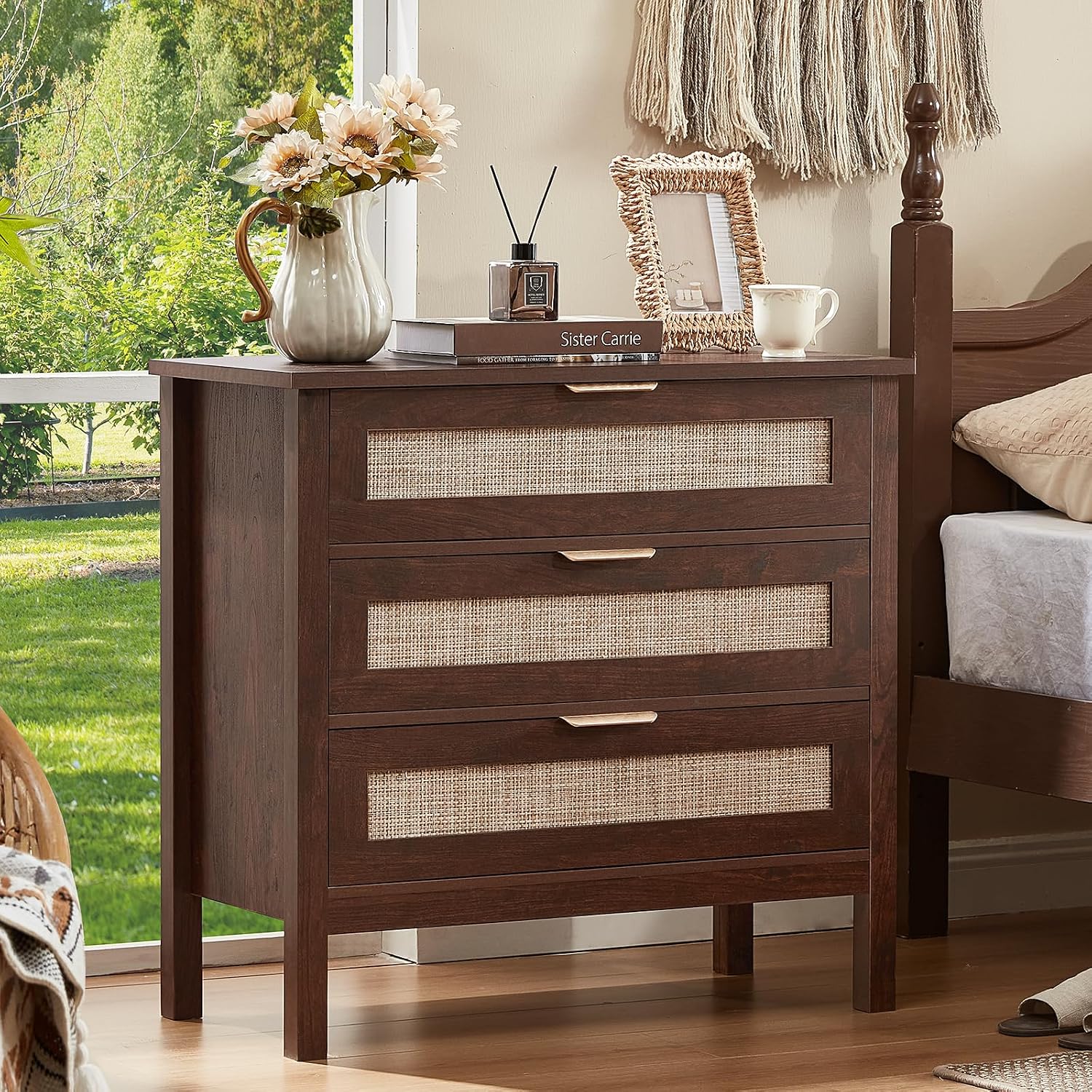 LEYAOYAO 31.5' Wide Rattan Night Stand, Large Boho Nightstand, Bedside Table with Storage, Tall Bed Side End Tables, Chest of Drawers for Bedroom, Living Room, Hallway（Walnut,3 Drawers,2）