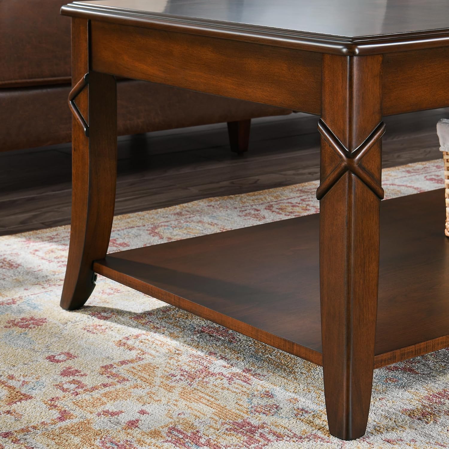 Solid Wood Coffee Table with Storage Shelf, Mid-Century Living Room Tables with Carved Tabletop and Leg, 43.3' Splicing Cocktail Center Sofa Table, Cherry Brown KFZ-DR200