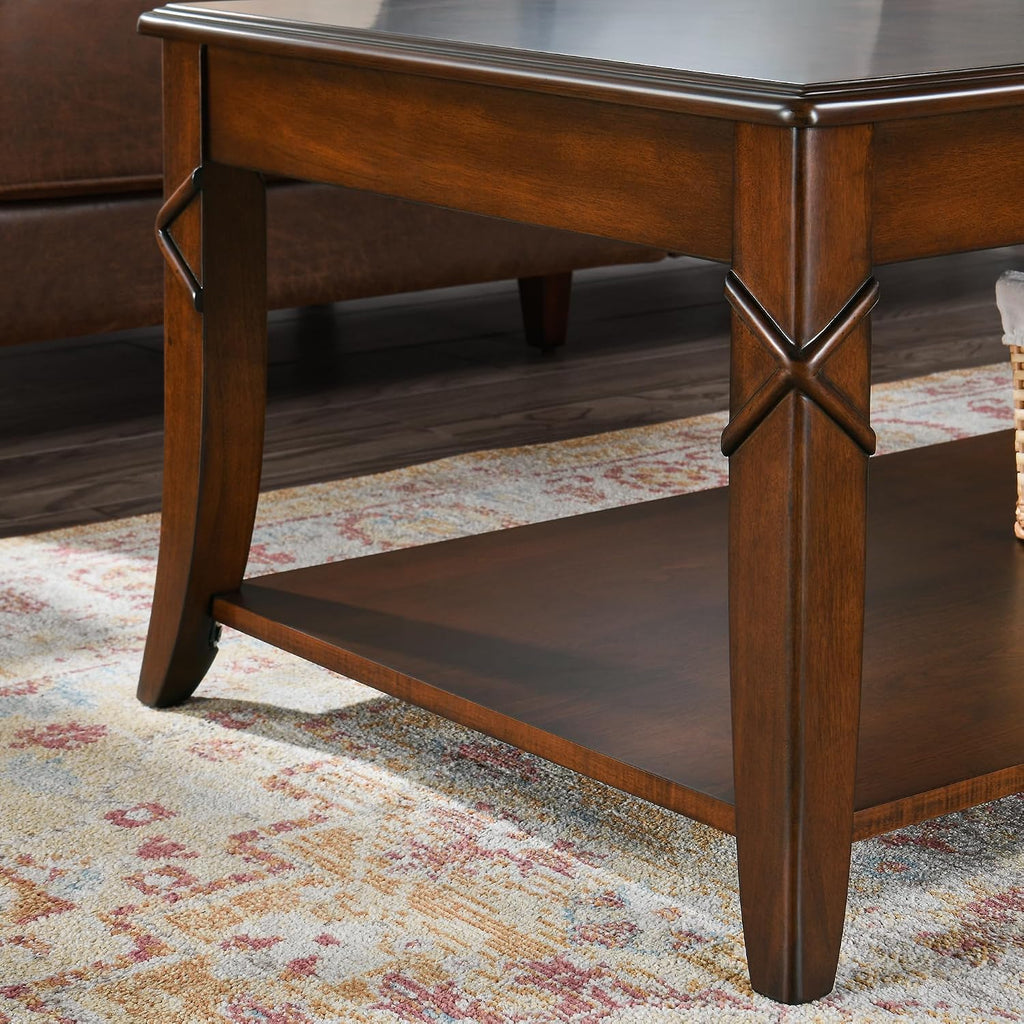 Living Room Tables Set of 3- One Coffee Table and Two End Table with Carved Tabletop and Leg, Mid-Century Sofa Beside Table and Center Table with Carved Legs, Easy Assembly, Cherry Brown KFZ-CJZ-DR200
