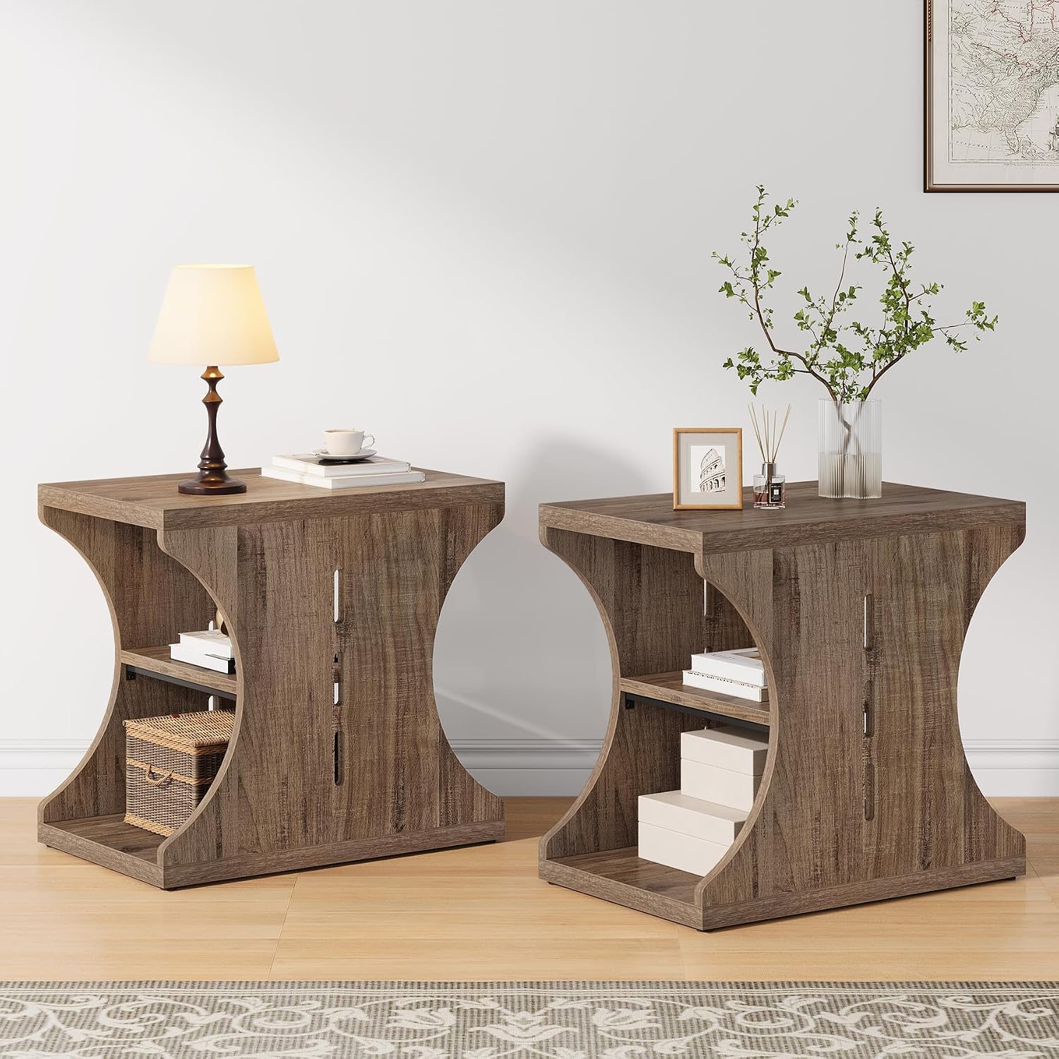 Modern Farmhouse End Table Set of 2, Wood Side Tables with Storage, 3-Tier Narrow Country Nightstand for Living Room, Bedroom, Small Spaces, Light Brown