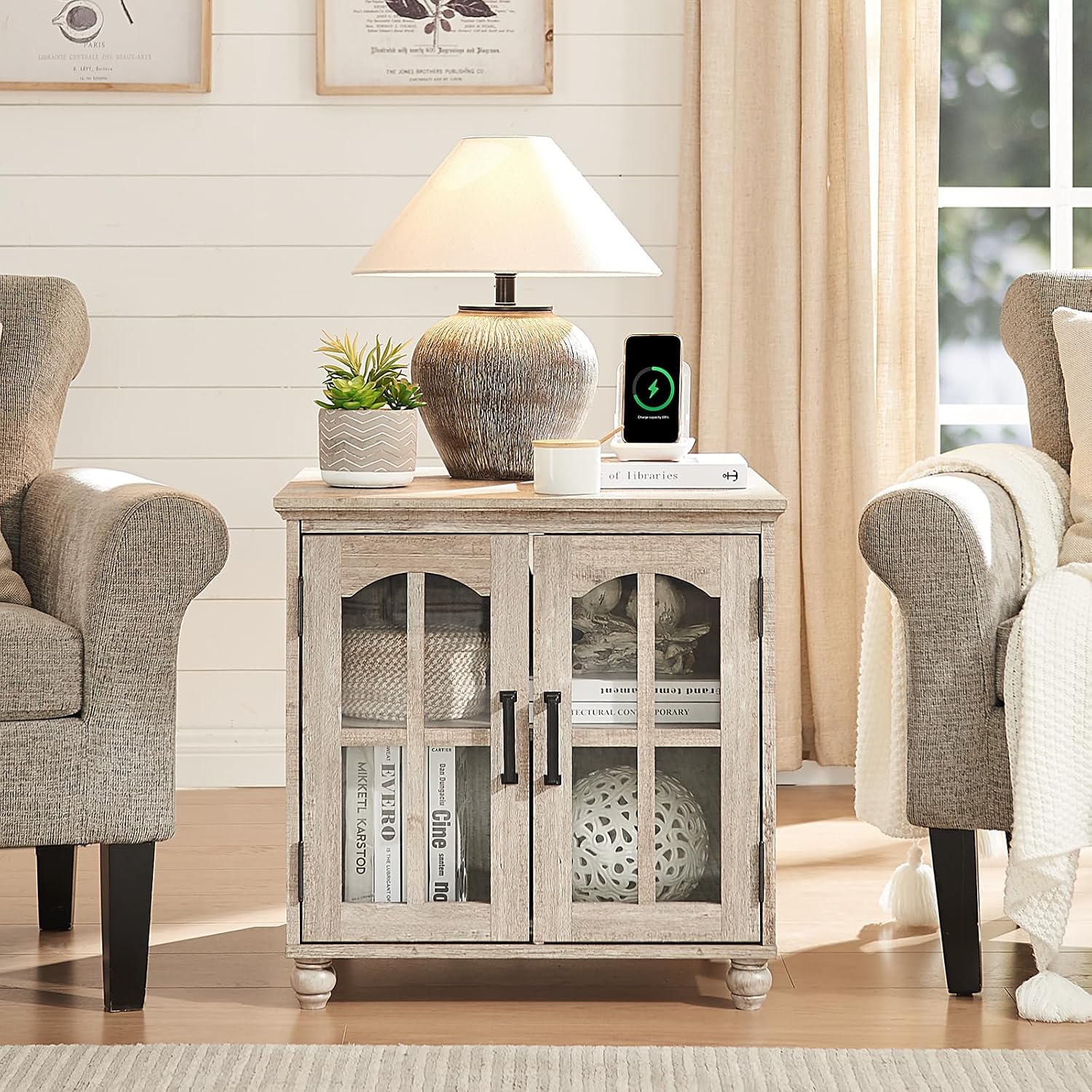 RWYHG Farmhouse 24' End Table Set of 2 with Charging Station, Large Sofa Side Table with Glass Barn Door,Wood Night Stand with Adjustable Storage Shelf,Square Bedside Table for Living Room,Bedroom