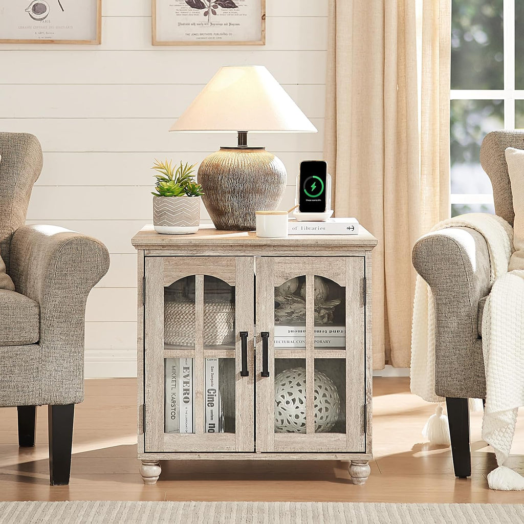 RWYHG Farmhouse End Table with Charging Station,24' Large Sofa Side Table with Glass Barn Door,Rustic Wood Night Stand with Adjustable Storage Shelf,Square Bedside Table for Living Room,Bedroom Office