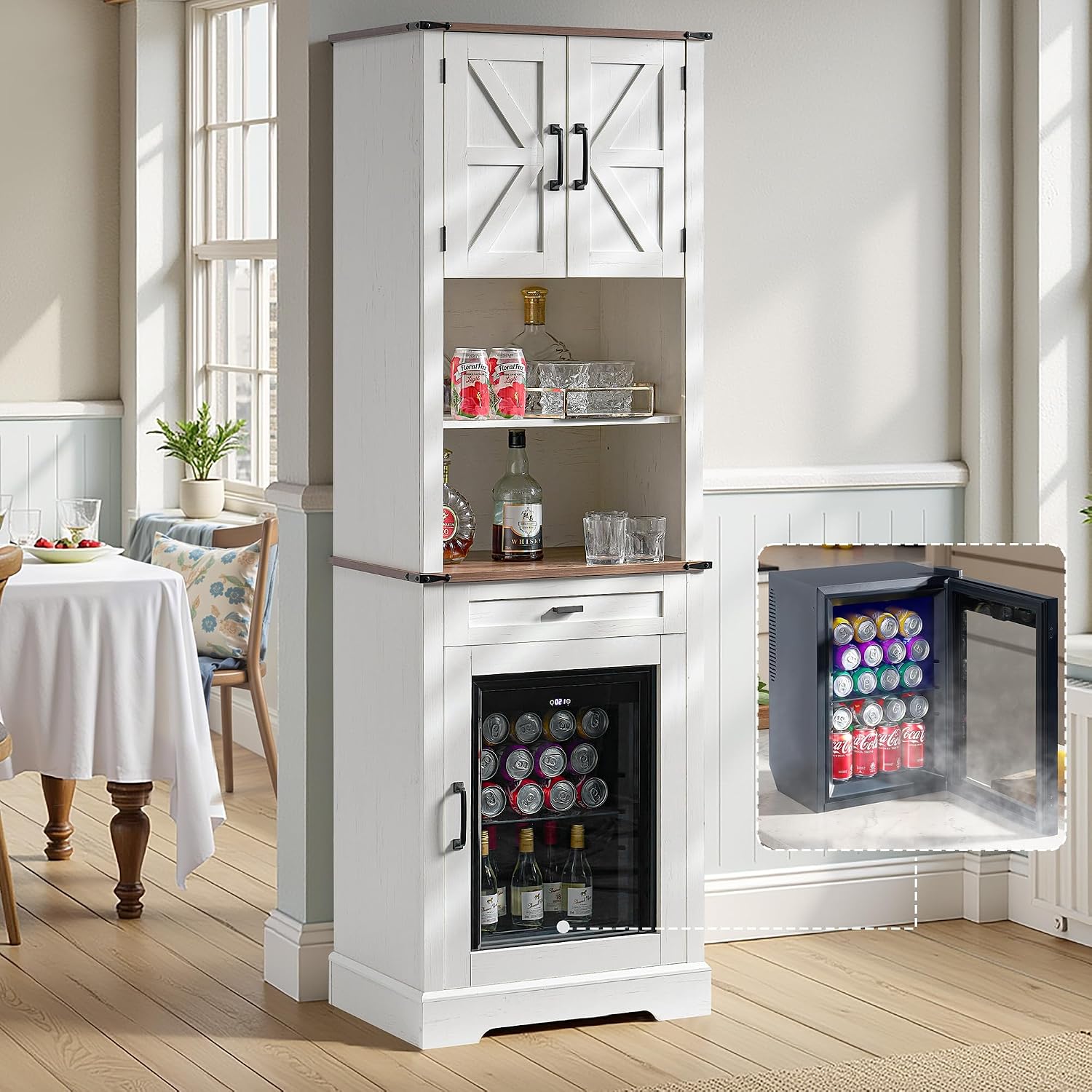 LUXOAK Tall Bar Cabinet with Fridge Included, 69' Farmhouse Liquor Cabinet with Storage Drawers & Adjustable Shelves, Coffee Bar Cabinet for Home bar, Dining Room, Living Room