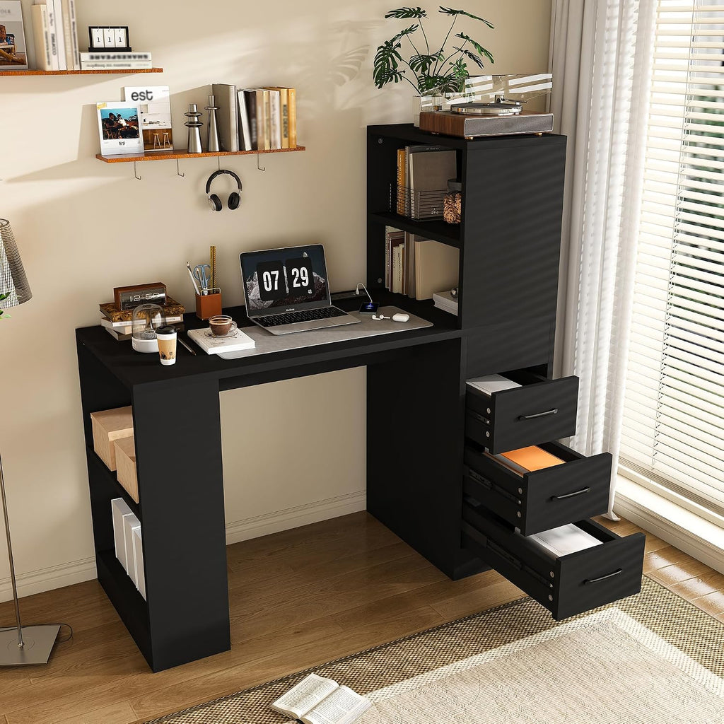 KEIKI L Shaped Computer Desk with 4-in-1 Charging Station, Office Desk with 3 Slide Drawers and 4-Tier Storage Shelves, Modern Wooden Corner Writing Desk for Home Office, Study, Bedroom, Black