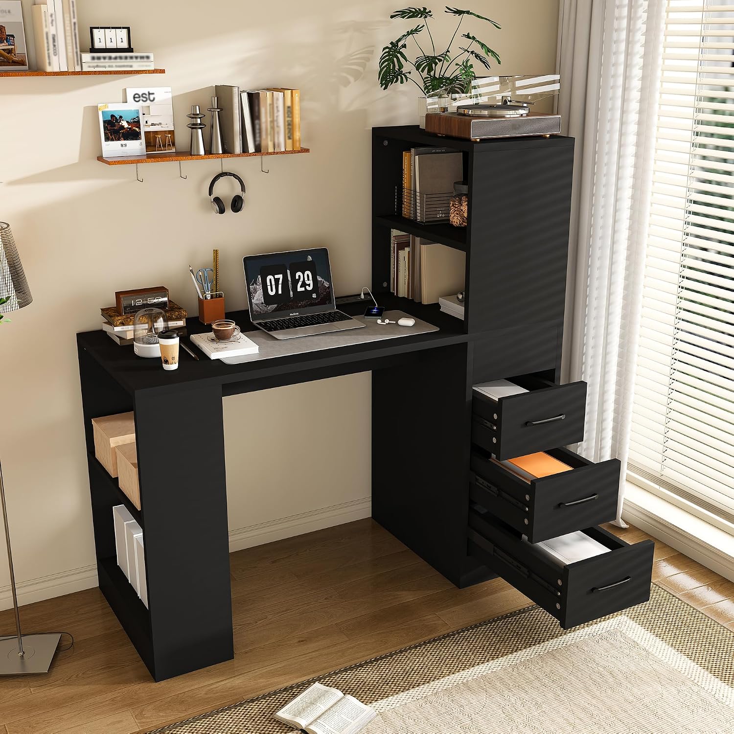 KEIKI L Shaped Computer Desk with 4-in-1 Charging Station, Office Desk with 3 Slide Drawers and 4-Tier Storage Shelves, Modern Wooden Corner Writing Desk for Home Office, Study, Bedroom, Black