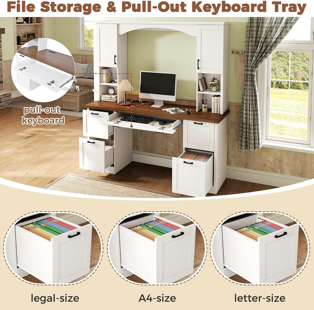 Farmhouse Arched Computer Desk with Hutch,Walnut Home Office Workstation with Charging Station & Keyboard Tray,All-in-One Writing Desk for Study, Office (White-FA)