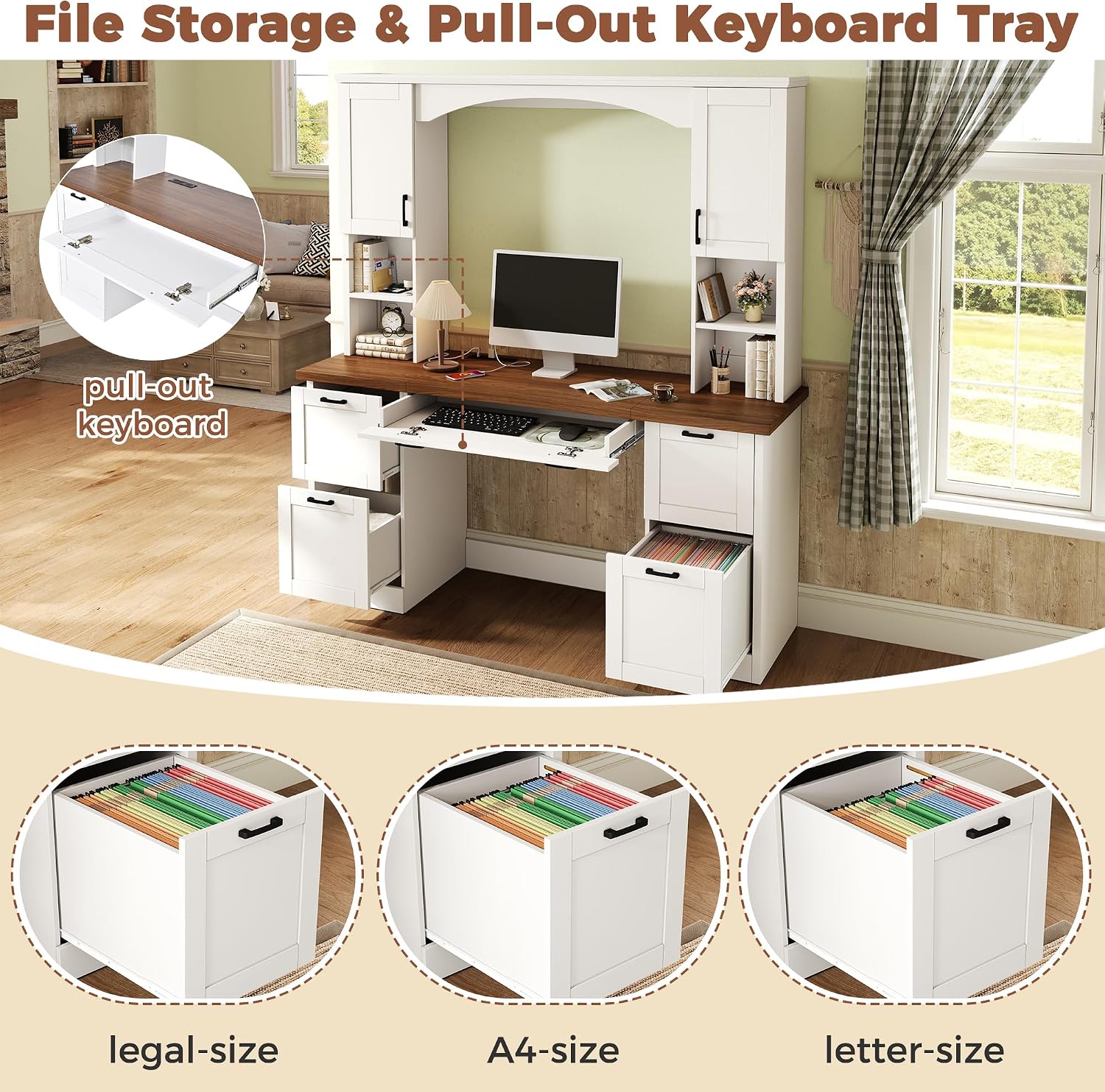 Farmhouse Arched Computer Desk with Hutch,Walnut Home Office Workstation with Charging Station & Keyboard Tray,All-in-One Writing Desk for Study, Office (White-FA)