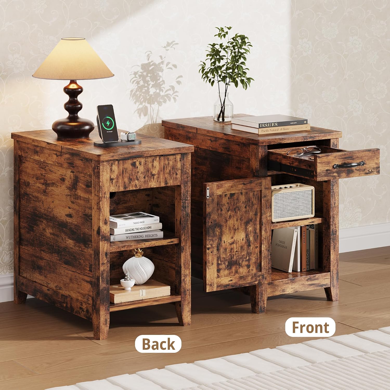 IRONCK End Table with Charging Station, Narrow Side Table for Living Room, Night Stand Set of 2 with Drawer and Cup Holder, Farmhouse Bedside Table with USB Ports and Outlets for Home, Vintage Brown