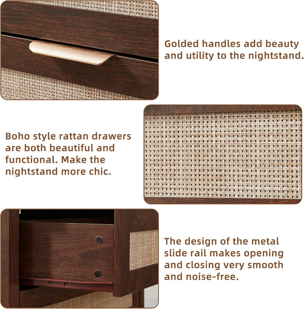 LEYAOYAO 31.5' Wide Rattan Night Stand, Large Boho Nightstand, Bedside Table with Storage, Tall Bed Side End Tables, Chest of Drawers for Bedroom, Living Room, Hallway（Walnut,2 Drawers with Charger,2）