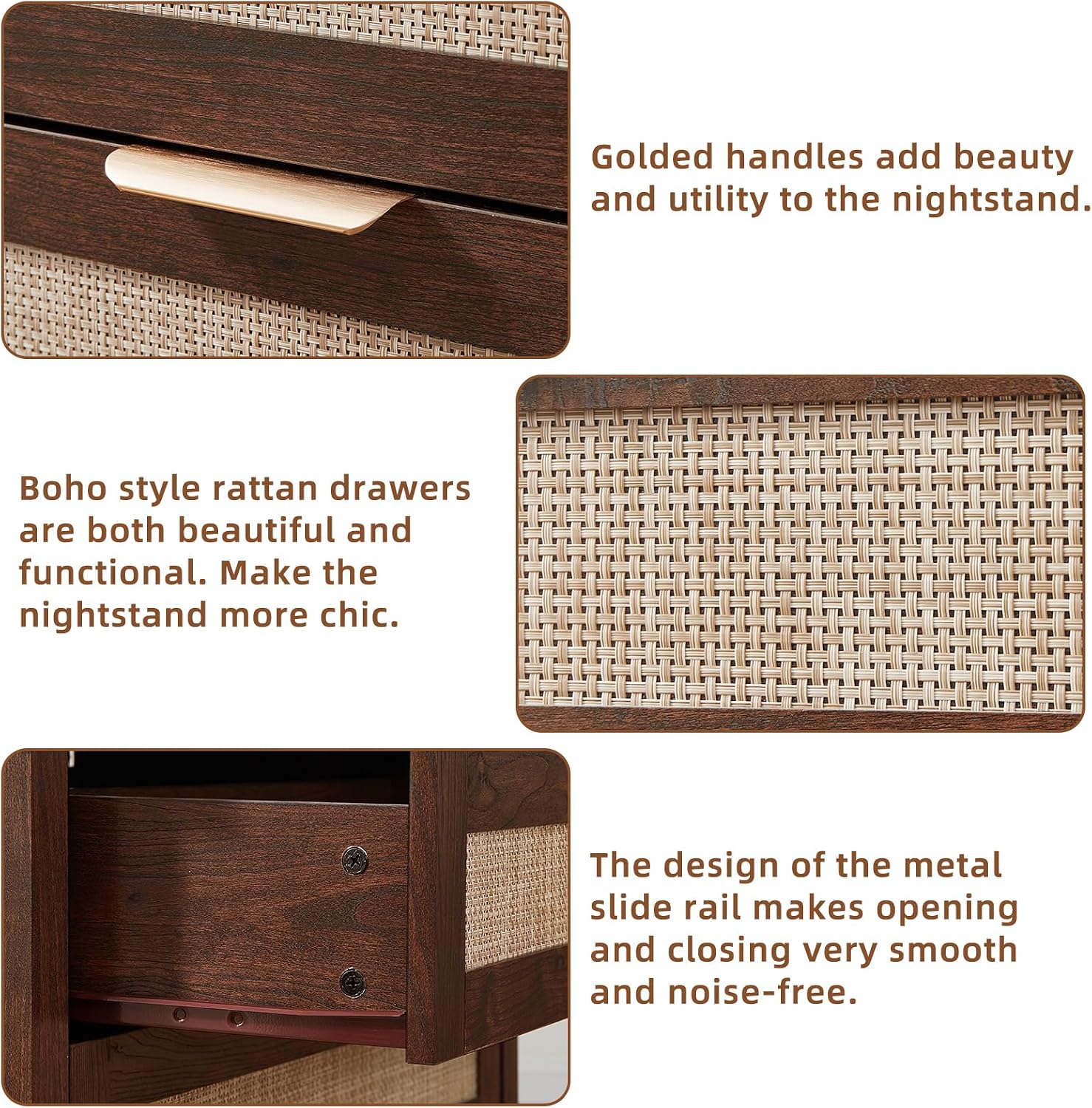 LEYAOYAO 31.5' Wide Rattan Night Stand, Large Boho Nightstand, Bedside Table with Storage, Tall Bed Side End Tables, Chest of Drawers for Bedroom, Living Room, Hallway（Walnut,2 Drawers with Charger,2）