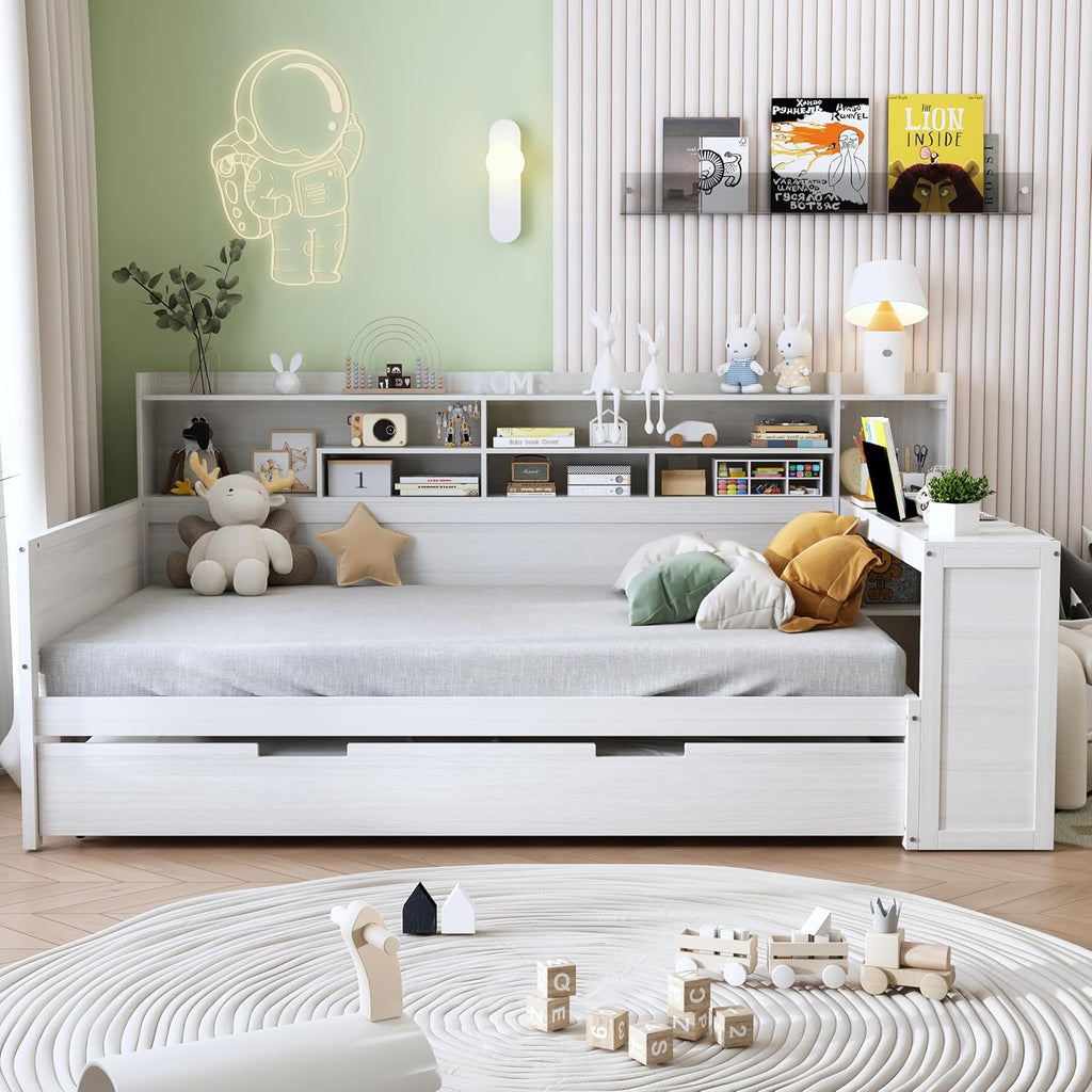 Wooden Full Size Corner Day Bed with Twin Trundle and Desk,L Shape Corner Daybed Frame with Storage Shelves and Wood Slat Support for Kids Teens Bedroom Guest Room,No Box Spring Needed,Antique White