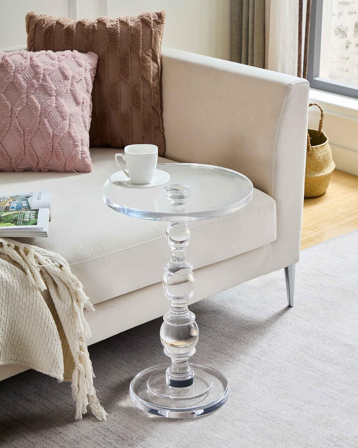 Premium Modern Acrylic End Table, 16' x16' x 23' Clear Pedestal Acrylic Side Table, Lucite Round Martini Table Drink Table with Clear Round Top and Solid Post for Living Room Small Spaces