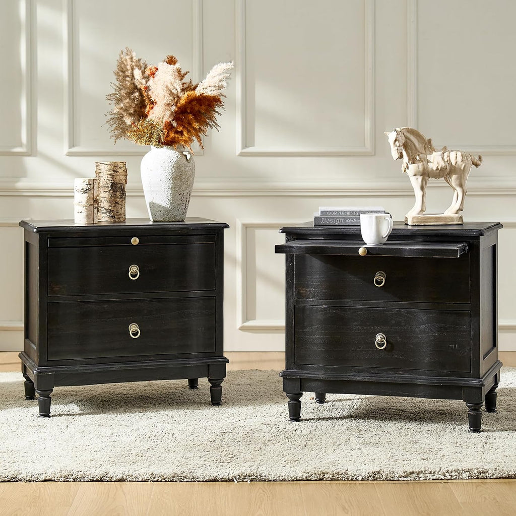 HULALA HOME Solid Wood Storage End Tables with Hidden Pull-Out Shelf, Transitional 2 Drawer Side Tables with Charging Station, Large SideTables with USB Ports, Easy Assembly, (Set of 2, Charcoal)