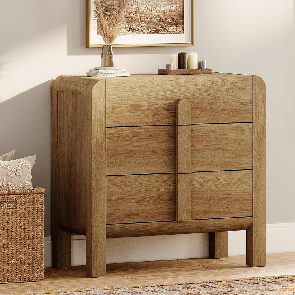WAMPAT Large 3 Drawer Nightstand, 31.5' Tall Wooden Bedside Table with Curved Design, Modern Walnut Nightstand with Storage, Wider Side Table End Table for Bedroom