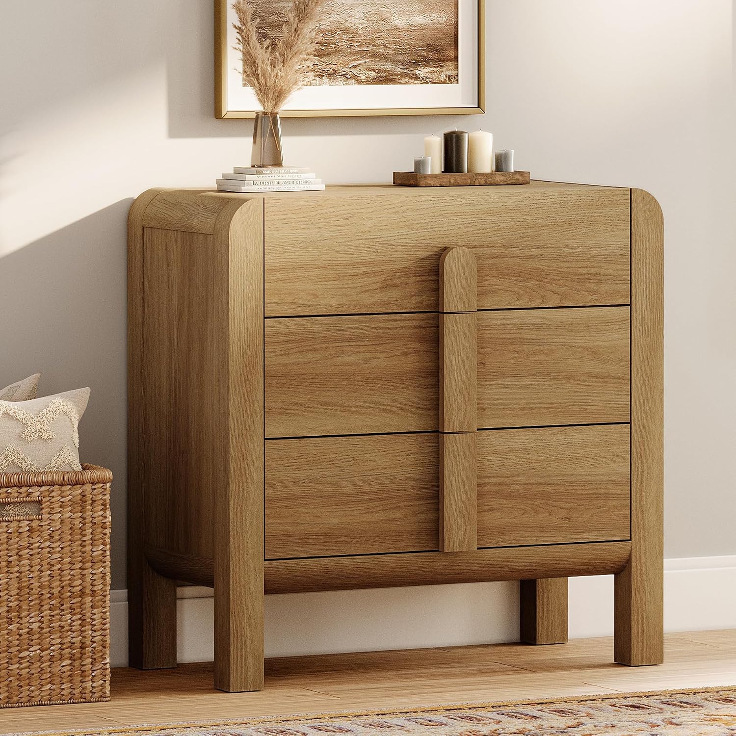 WAMPAT Large 3 Drawer Nightstand, 31.5' Tall Wooden Bedside Table with Curved Design, Modern Walnut Nightstand with Storage, Wider Side Table End Table for Bedroom