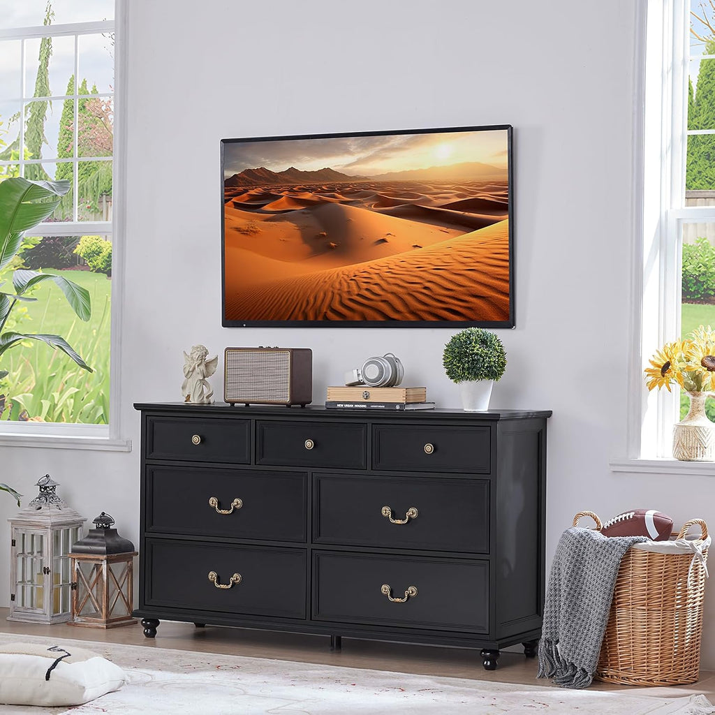 Joaxswe Farmhouse 7 Drawers Dresser for Bedroom, Black 54 Inch Wide Chest of Drawers w/ 4 Wooden Legs, Large Vintage Rustic Closet Dressers for Living Room, Wood TV Stand with Storage Organizer