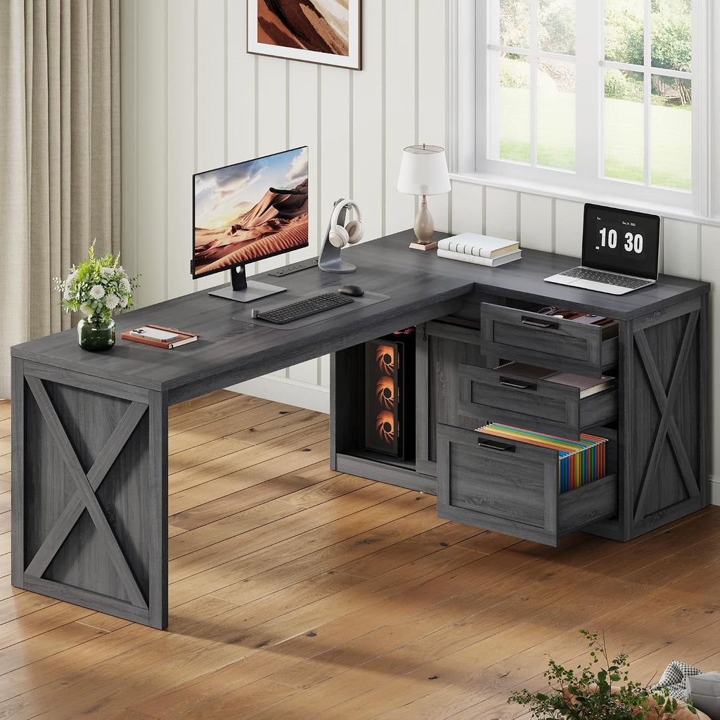 Farmhouse L Shaped Office Desk with Drawers 78 Inch L Shape Desk Executive Office Desk with File Cabinet Storage Shelves and Power Outlets for Home Office Dark Grey