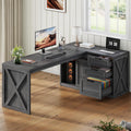 Farmhouse L Shaped Office Desk with Drawers 78 Inch L Shape Desk Executive Office Desk with File Cabinet Storage Shelves and Power Outlets for Home Office Dark Grey