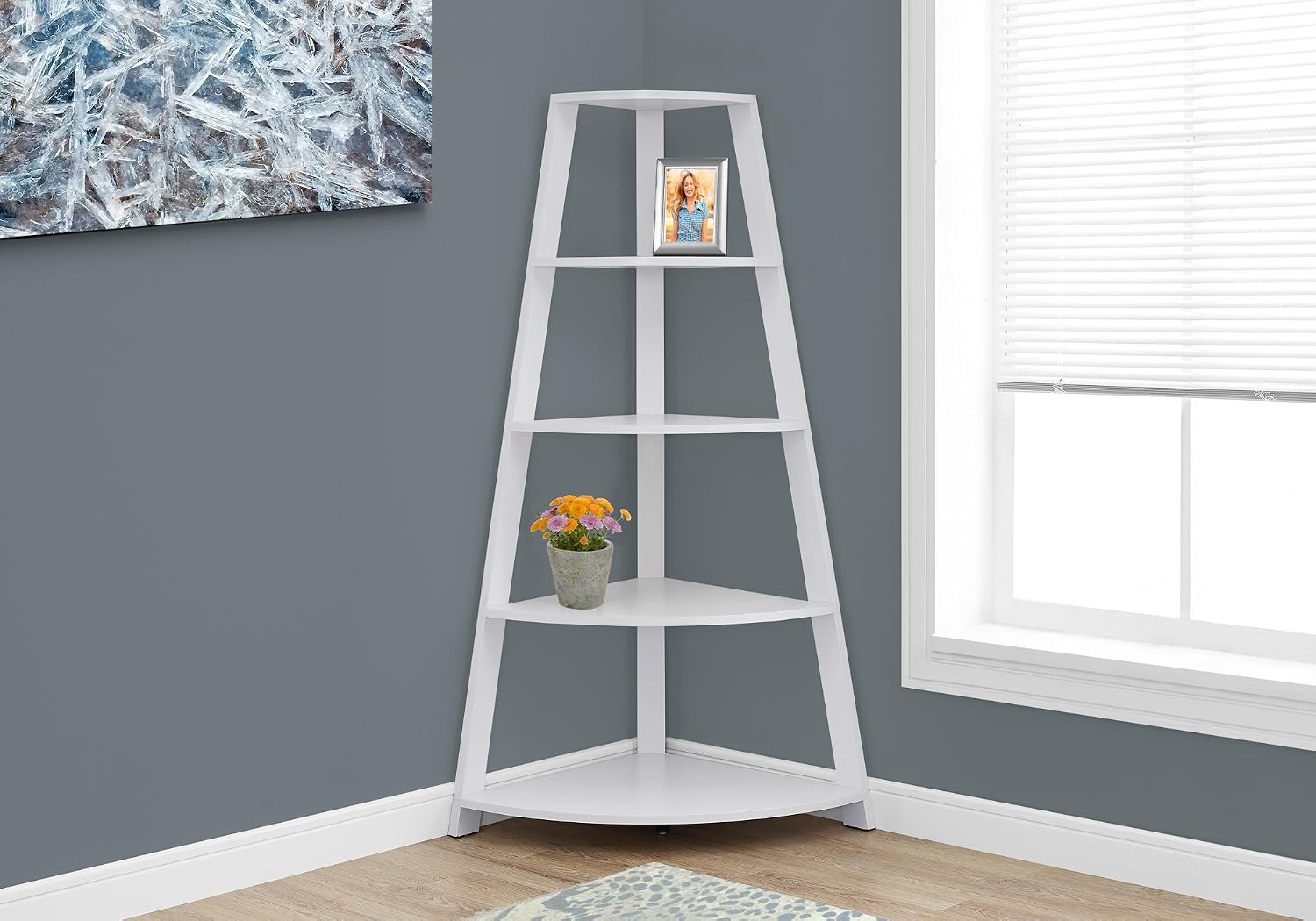 Corner Bookshelf 4-Tier, White Laminate, 60 in H | Particle board, 4 fixed shelves, corner bookshelf, white finish, living room or home office