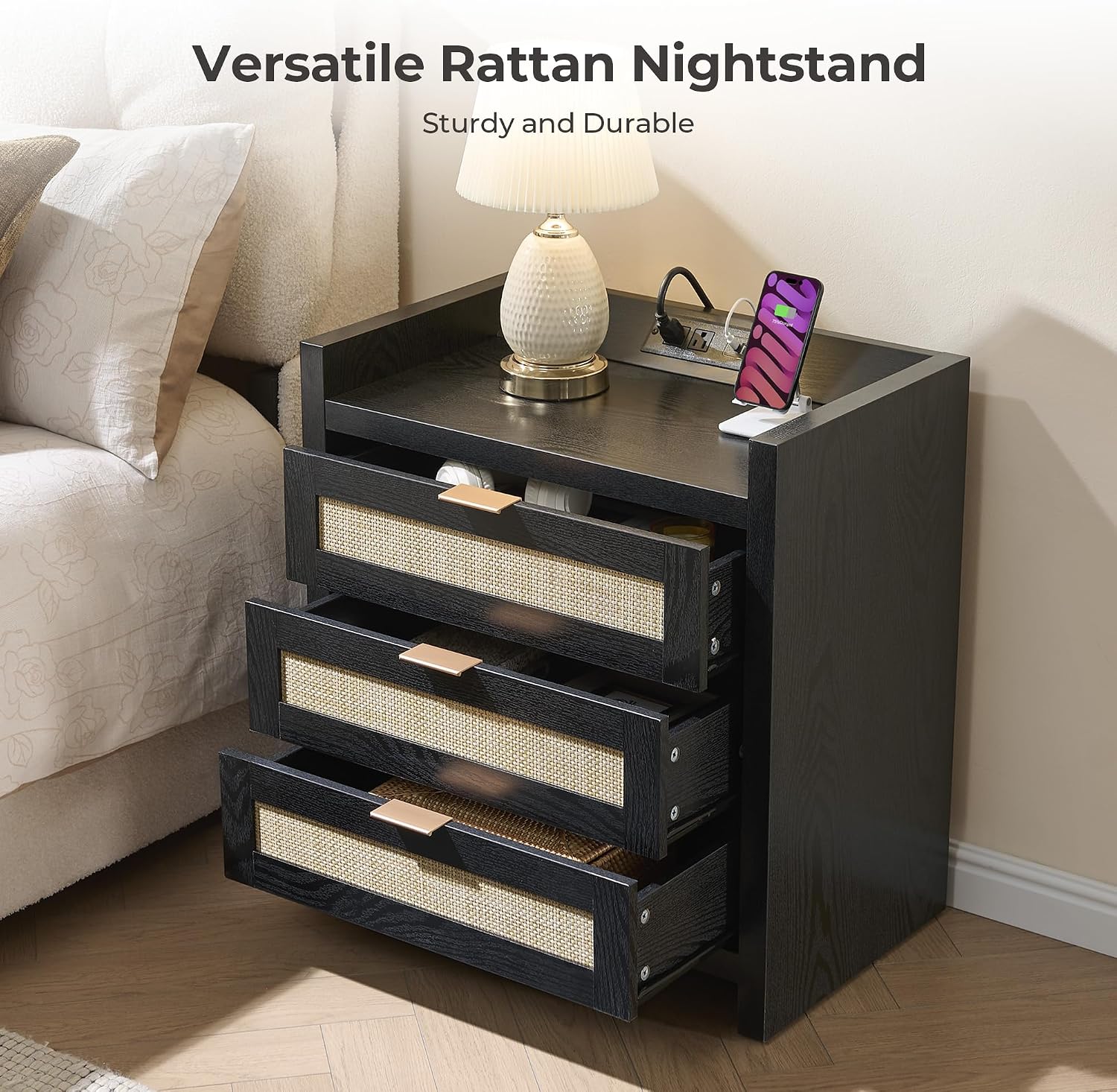 SICOTAS Rattan Nightstand Bedside Table - Larger Night Stand with Type-C Charging Station, 3 Drawers Storage - Boho Night Stands End Table for Bedroom - Black Oak