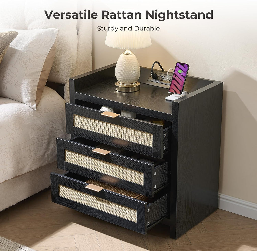 SICOTAS Nightstands Set of 2 Bedside Table - Larger Rattan Night Stand with Type-C Charging Station, 3 Drawers Storage - Boho Tall Night Stands End Table for Bedroom Office - Black Oak