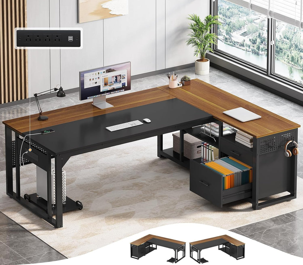 UPOSOJA 71 in Executive Desk with Power Outlets, Reversible L Shaped Computer Desk with File Drawers & Storage Shelves, Large Office Desk with Pegboard, Mobile CPU Stand, Modern Corner Desk (Walnut)