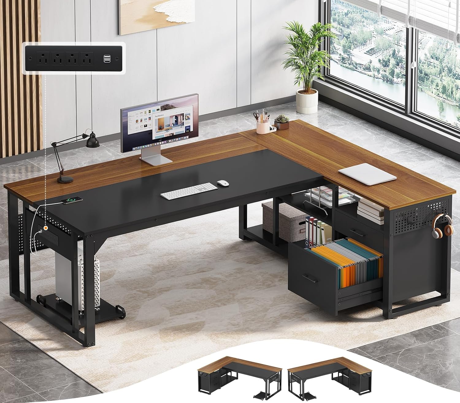 UPOSOJA 71 in Executive Desk with Power Outlets, Reversible L Shaped Computer Desk with File Drawers & Storage Shelves, Large Office Desk with Pegboard, Mobile CPU Stand, Modern Corner Desk (Walnut)