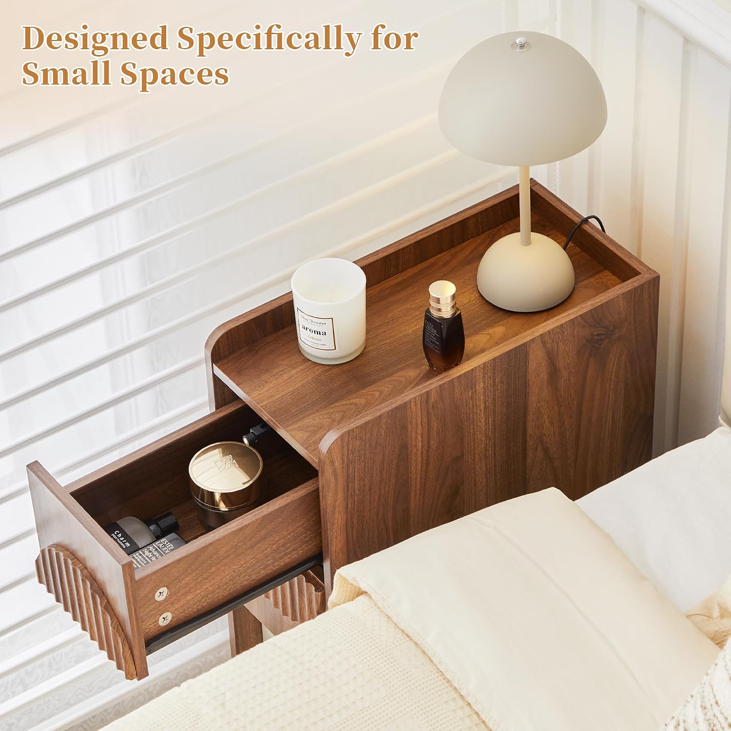 Narrow Nightstands Set of 2 for Bedroom, Mid Century Modern Wooden Bedside with 2 Drawers, Fluted Skinny End Table, 8 Inch Wide Slim Side Tables for Small Spaces, Walnut