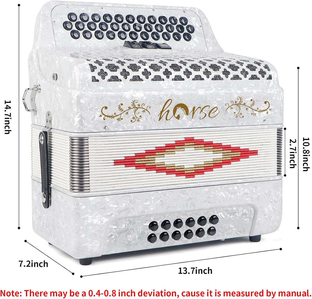 Horse 34 Key Accordion, FBE 12 Bass 3 Row, Made of Celluloid Louder & Clearer Timbre than Plastic,Accordions Instrument for Adults,W/Luxury Backpack,Straps,34 Buttons Acordeón Acordeones Para Adultos