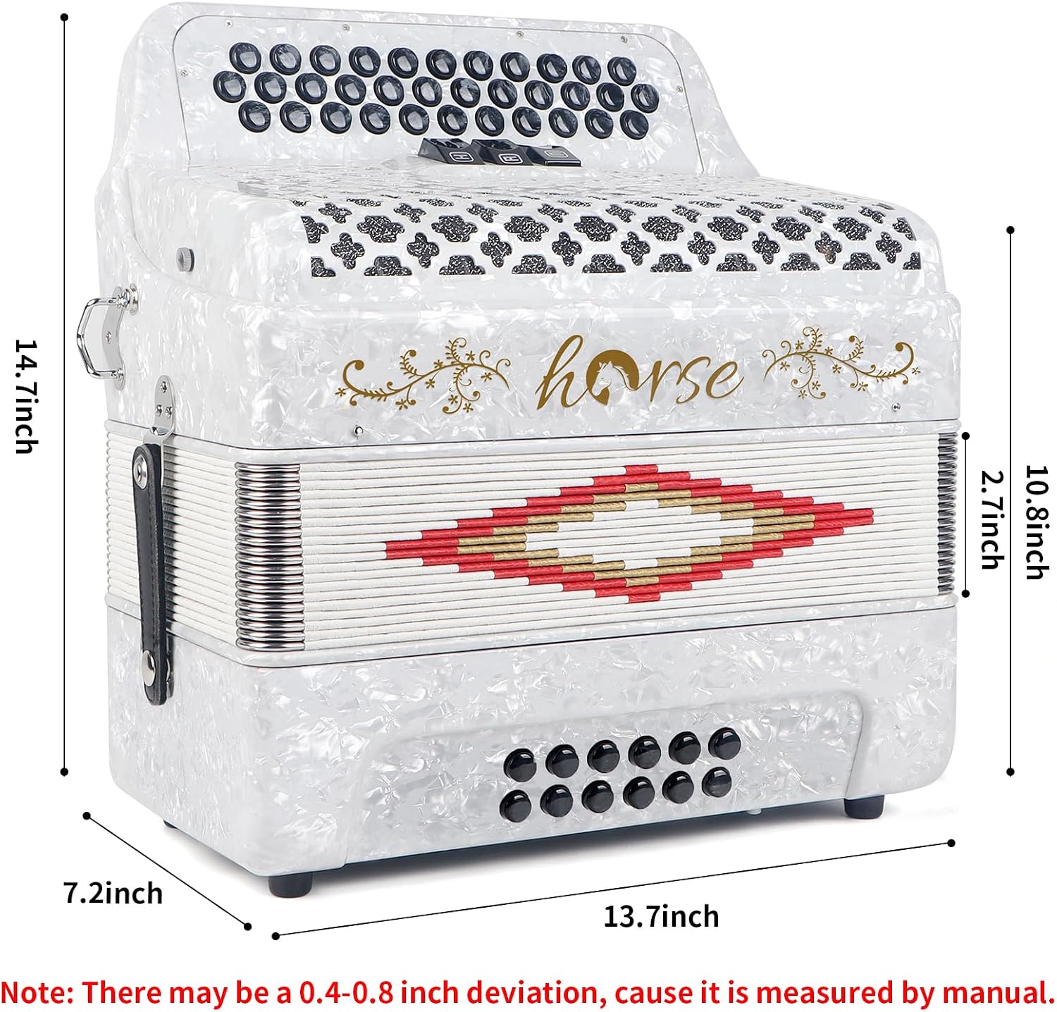 Horse 34 Key Accordion, FBE 12 Bass 3 Row, Made of Celluloid Louder & Clearer Timbre than Plastic,Accordions Instrument for Adults,W/Luxury Backpack,Straps,34 Buttons Acordeón Acordeones Para Adultos