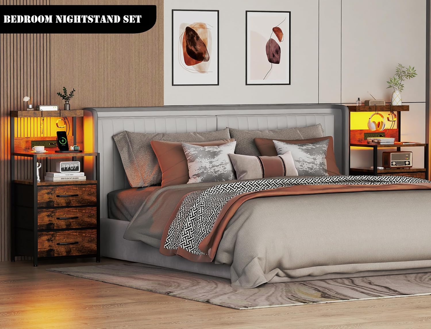 SZLHANJZ Nightstands Set of 2 with Outlet and USB C Port, Bedroom Night Stand with Led Lights and 3 Fabric Drawers, Matching Bedside Tables with Hooks, Vintage Style Storage End Tables, Rustic Brown
