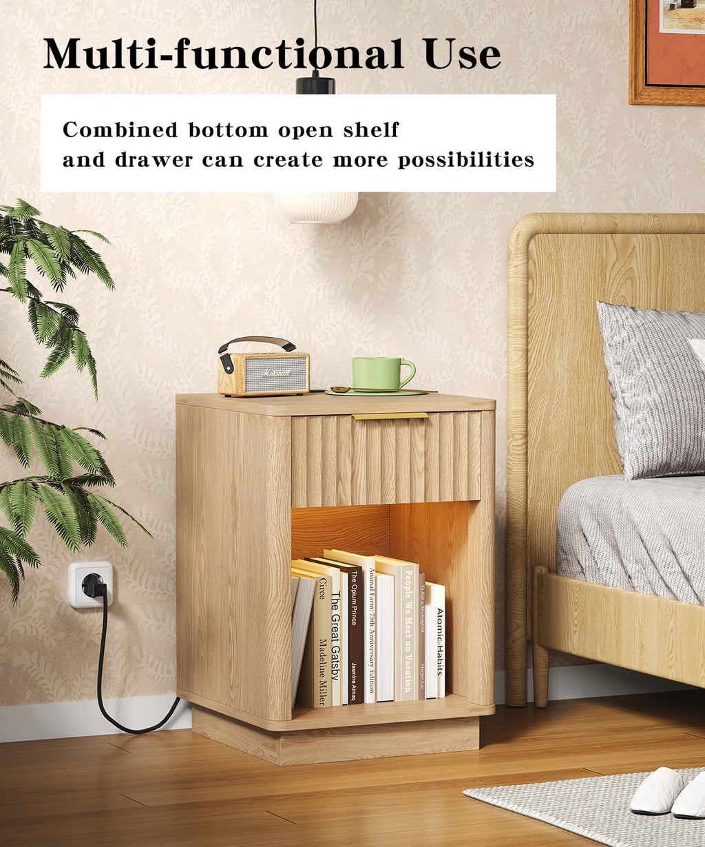 Akxomel Fluted Nightstands Set of 2, Wooden Night Stand with Charging Station and LED Light, Modern Mid Century Bed Side End Table with Drawer, 15' D x 15.7' W x 22.6' H, for Bedroom, Natural Oak