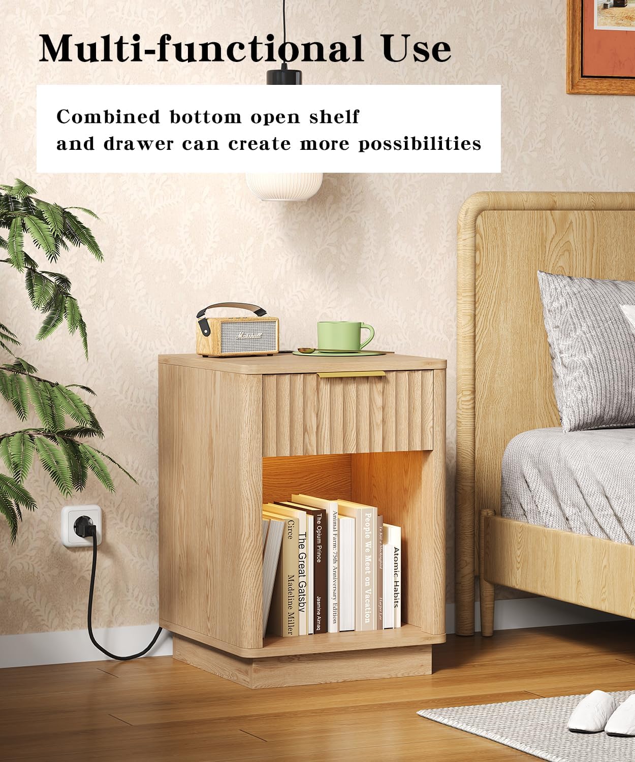 Akxomel Fluted Nightstands Set of 2, Wooden Night Stand with Charging Station and LED Light, Modern Mid Century Bed Side End Table with Drawer, 15' D x 15.7' W x 22.6' H, for Bedroom, Natural Oak