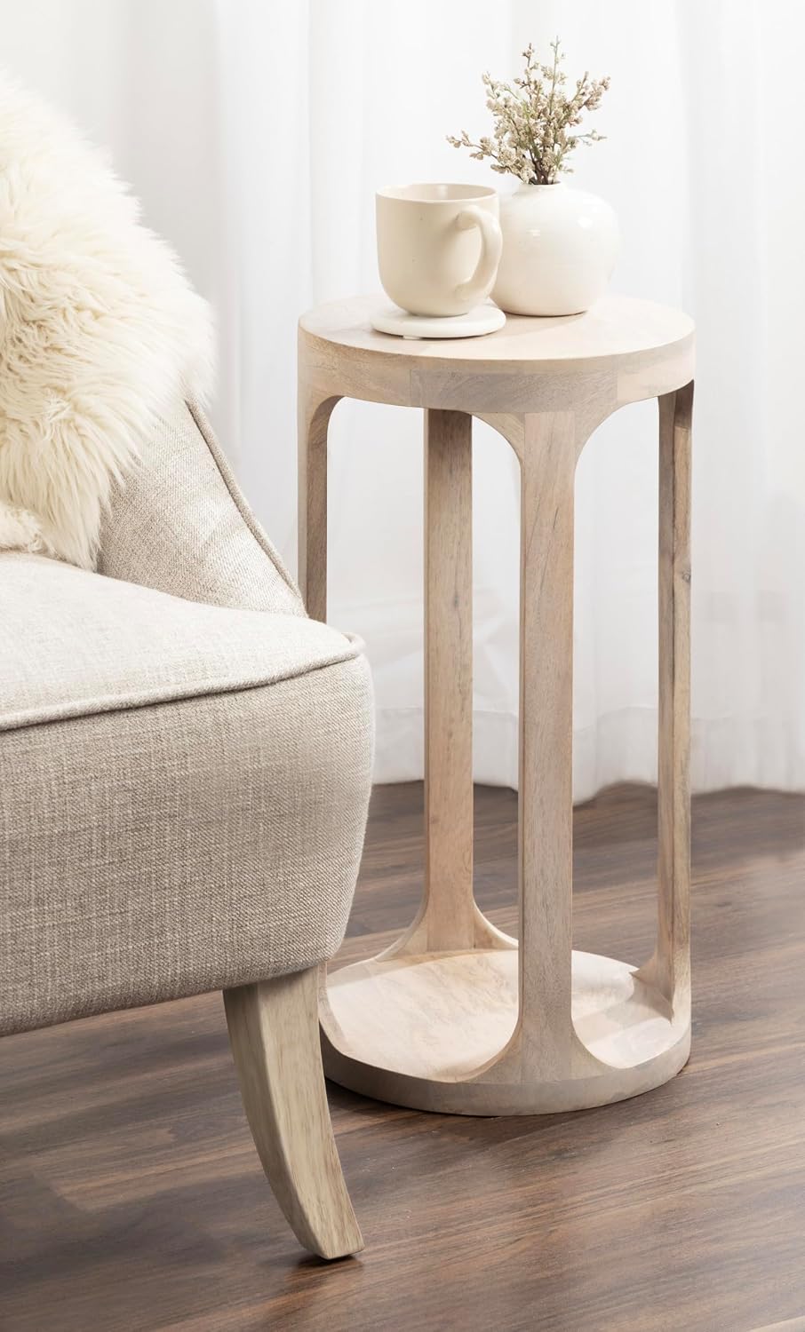Kate and Laurel Dahl Wooden Round Drink Table; 12 x 23; Whitewash; Transitional Boho Circle Wood Accent Pedestal Table for Living Room Plant Stand or Small Bedroom Nightstand