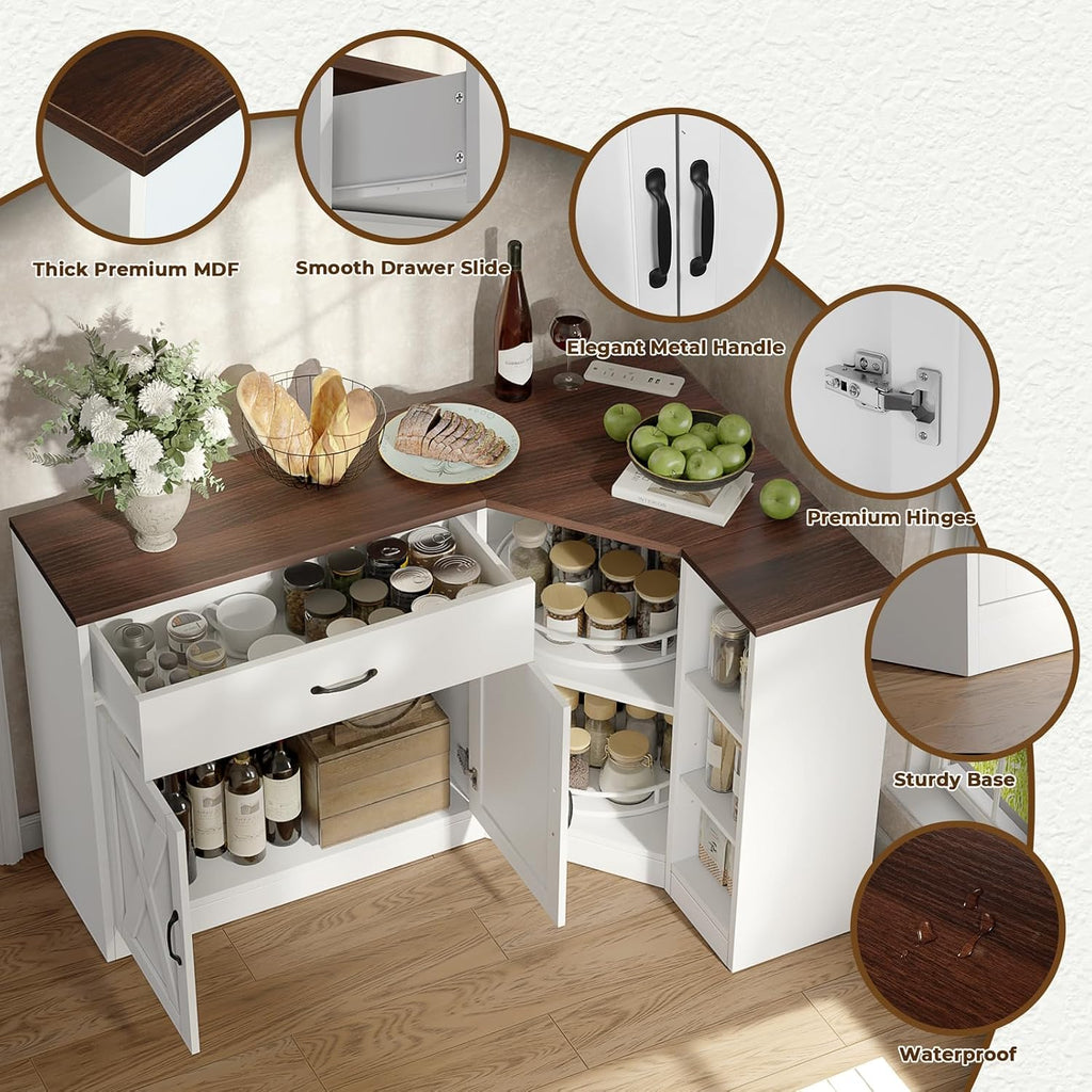 Loomie Corner Cabinet w/Charging Station, Kitchen Pantry Cabinet w/2 Tier Lazy Susan Turntable, Farmhouse Food Pantry w/Drawer & Doors & Adjustable Shelf, L-Shaped Sideboard for Dining Room (White)
