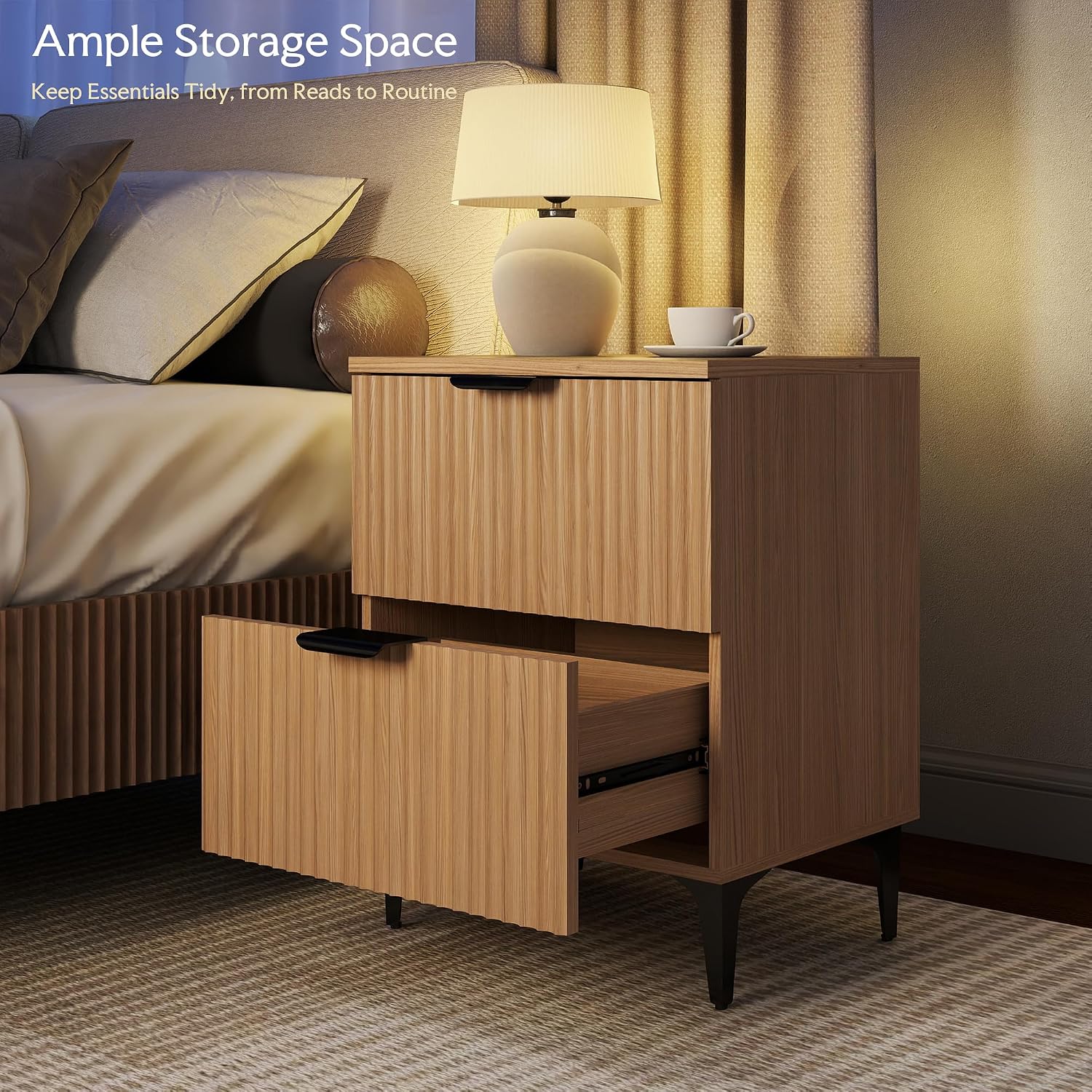 SUNWAVE Fluted Nightstand Set of 2, Modern Night Stands with 2 Drawers, Bedside Table for Twin/Full/Queen Bed, End Table with Robot-Friendly Metal Legs for Bedroom, Living Room